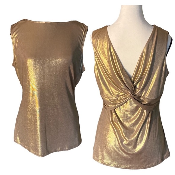 𝅺BIANCA NYGARD- GOLD LAM`E DEEP V DRAPE SLEEVELESS SHELL TOP W/ EMPIRE WAIST - Picture 1 of 6
